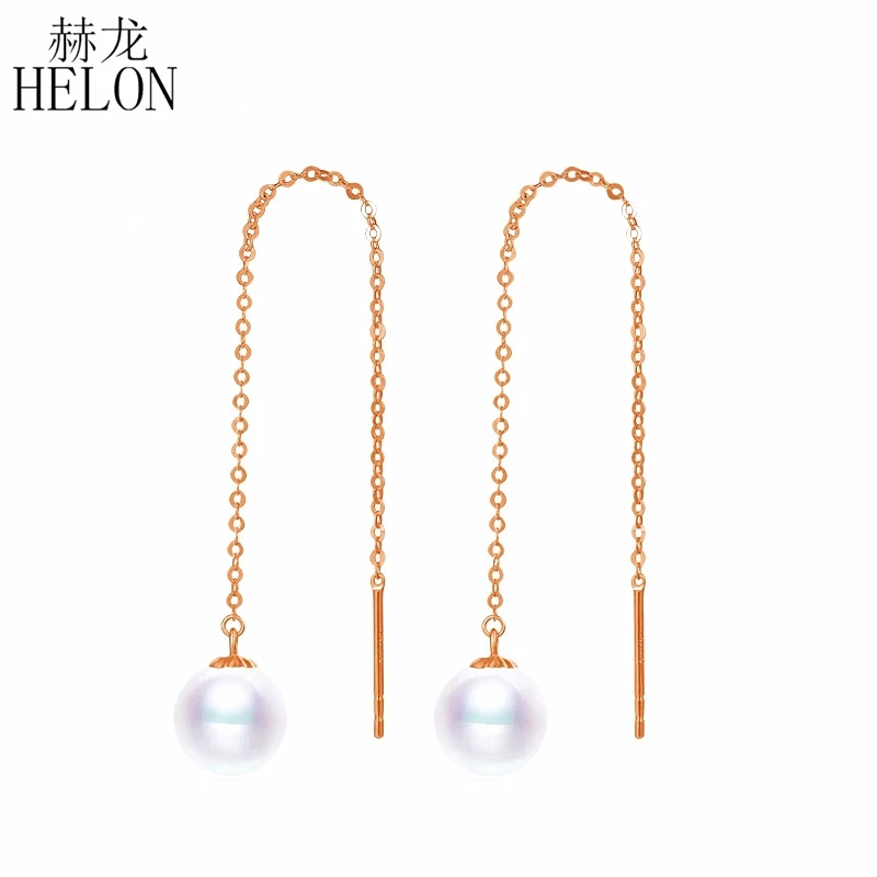 HELON Solid 18k gold drop earrings jewelry, Round 7-7.5mm genuine pearl earrings women Trendy White Fresh Water Pearl Jewelry