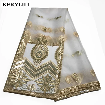 

High Quality Nigerian Organza Net Cloth High Quality Swiss Lace Gold Sequins White Lace Fabrics For African Parties KRL-42595