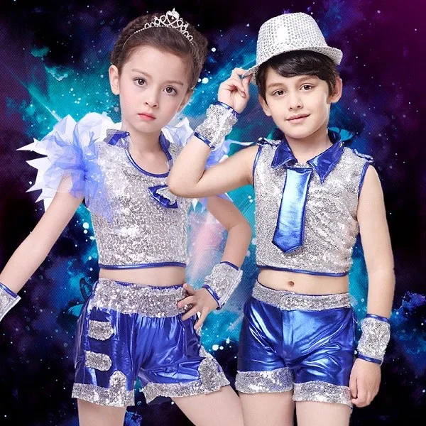 (10 комплектов) Детские костюмы с пайетками хип-хоп Джаз танцевальная одежда детская одежда для детей полный комплект со шляпой