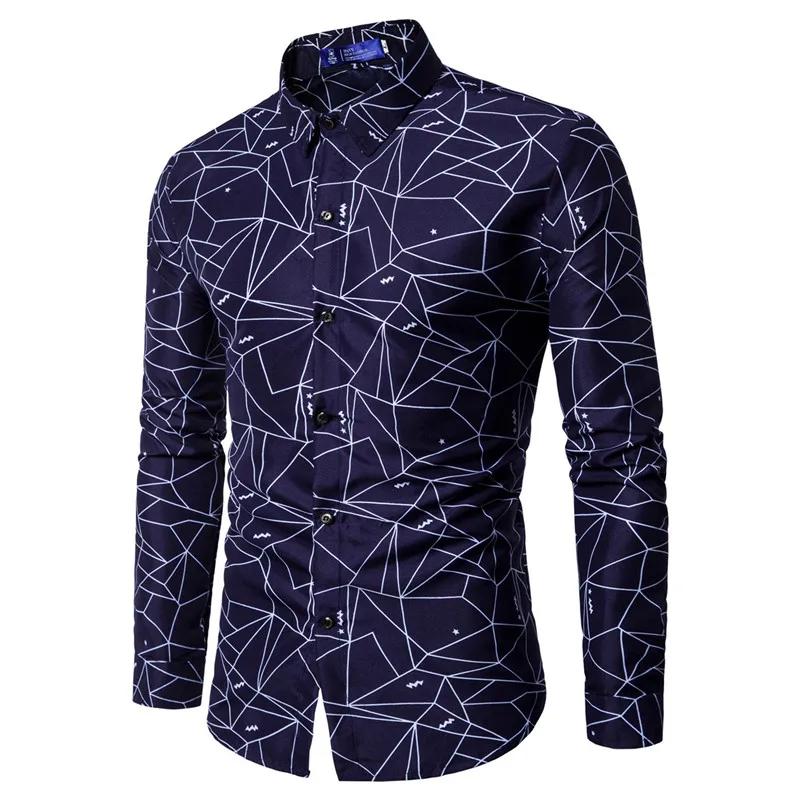 

2018 New men shirts High Quality Men's Business Casual Long Sleeve Geometric Shirts Men Social Shirts camisa masculina