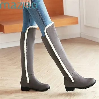 

Fashion Women Winter Boots Warm Fur Snow Boots Tall Boots Thick Heels Long Boots Plush Shoes Round Toe Boots MAZIAO