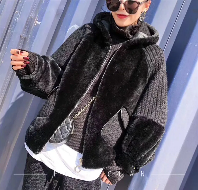 2018 New Style Real Natural Rex Rabbit Fur Coat Knitting Long Sleeve Double-faced Fur Loose Jacket Real Fur Hooded Coat Women