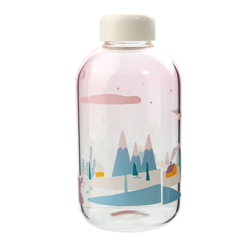 Креативная стеклянная бутылка для воды с изображением снежного лося с рукавом 600 мл милые бутылки с изображением Хаски полярный медведь Спортивная бутылка для кемпинга посуда для напитков - Цвет: Countryside 600ml