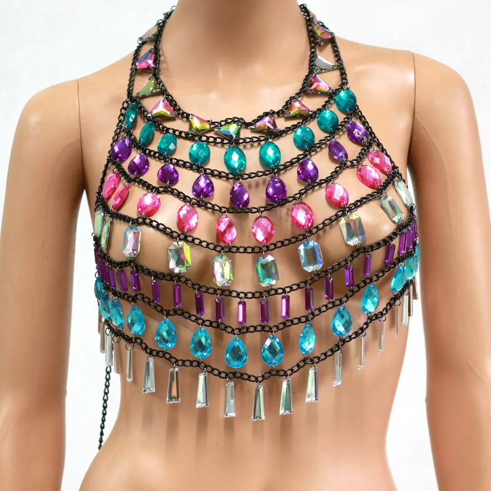 

Chran Crystal Gem Bead Crop Top Chainmail Bra Halter Statement Necklace Burning Body Lingerie Festival Outfit Jewelry CRS483