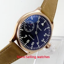 44 мм parnis розовое золото корпус черный циферблат синий светящийся 6497 Движение ручной обмотки Мужские часы