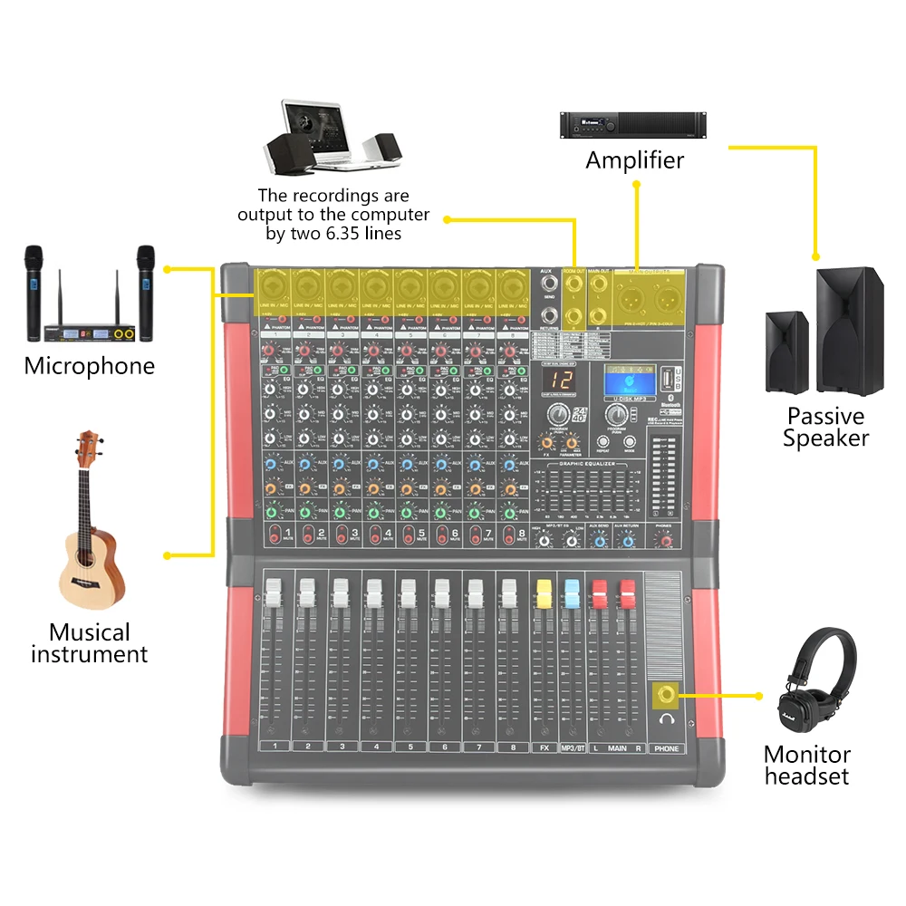 XTUGA KS-8 8-ми канальный аудио микшер звуковая карта с цифровым дисплеем MP3 Распознавание отпечатков пальцев, Bluetooth, EQ, эффектами для сцены Kraoke Применение для DJ, вечерние
