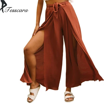 

TESSCARA 2018 Spring & Summer Fashion Linen Pants Capri Women Casual Holiday Flare Bottom Female Elegant Trousers S-XL