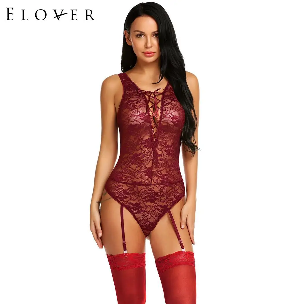 

Elover Cross Sexy Lingerie Bodysuit V-Neck Front Criss Women See Through Garter Stockings with a Belt Bodysuit Sleepwear