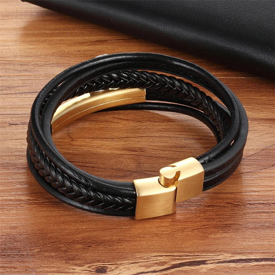 XQNI Trendy Men Jewelry Popular Black Color Genuine Leather Bracelet Multi-layer Design Charm Cuff Bangle For Handsome Boy Gift