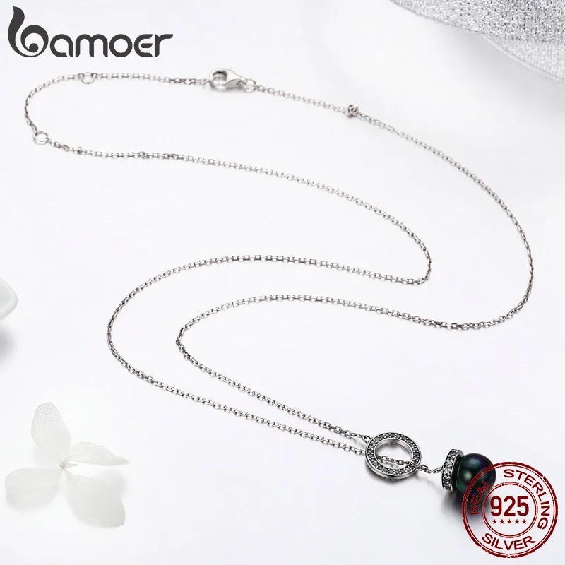BAMOER 100% 925 Sterling Silver Circle Black Imitation Pearl Elegant Long Chain Women Pendant Necklace Silver Jewelry SCN200