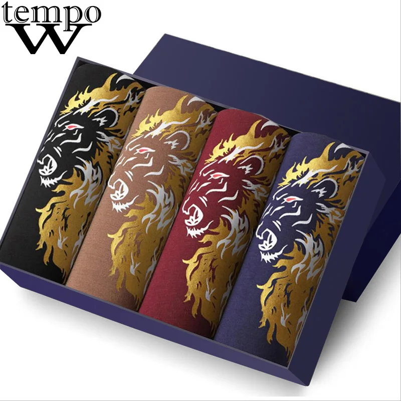 

WTEMPO Brand Boxers Men's Sexy Underwear Modal Printed Funny Boxer Shorts Homme Cuecas Underpants Fashion Lion Boxer 4 Pcs/lot