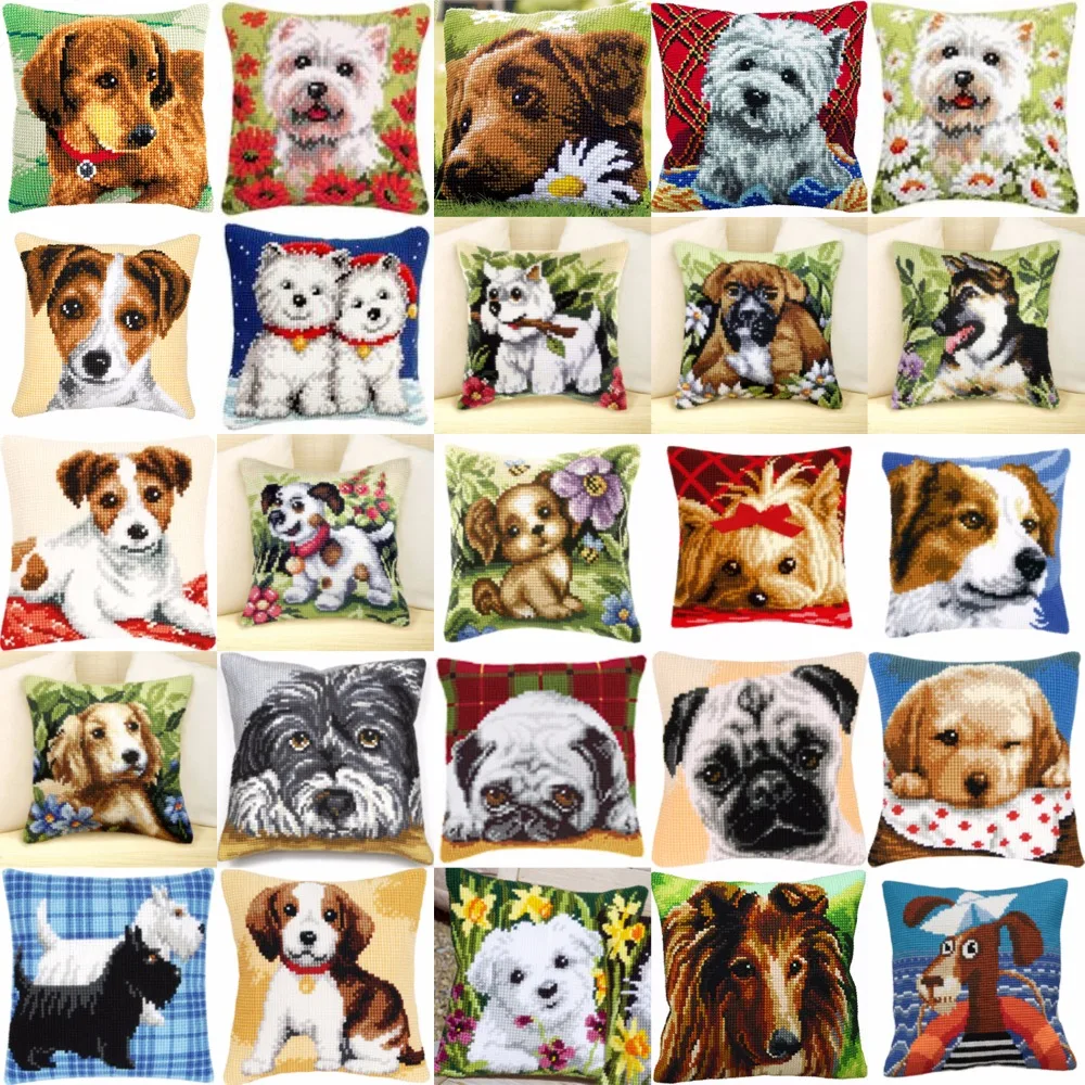 

TH Dog Collection 01 DIY Needlework Kit Acrylic Yarn Embroidery Pillow Tapestry Canvas Cushion Front Cross Stitch Pillowcase