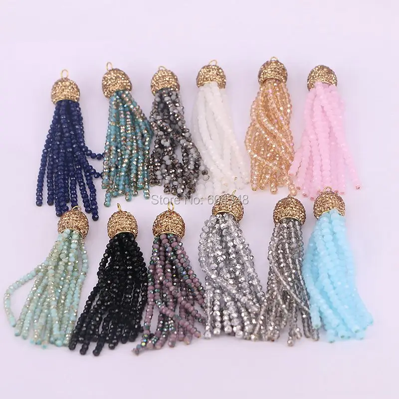 

10PCS Multi Color Crystal Tassel Pendant, Glass Crystal Beads Long Tassel Charm Pave Gold Rhinestone Boho Tessel Jewelry