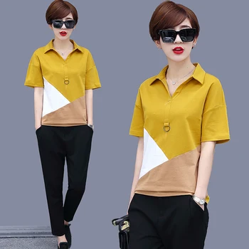 

Short-sleeved T-shirt female 2020 summer new loose stitching shirt hit color shirt collar cotton bat T-shirt