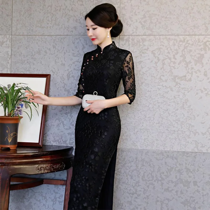 Черное кружевное китайское свадебное платье для женщин Cheongsam тонкое китайское традиционное платье женское длинное платье Ципао для свадебной вечеринки - Цвет: as photo