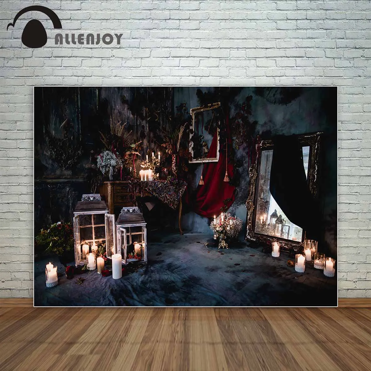 

Allenjoy dark decor flowers mirror with a golden frame luxurious royal Victorian style burning candles photo background