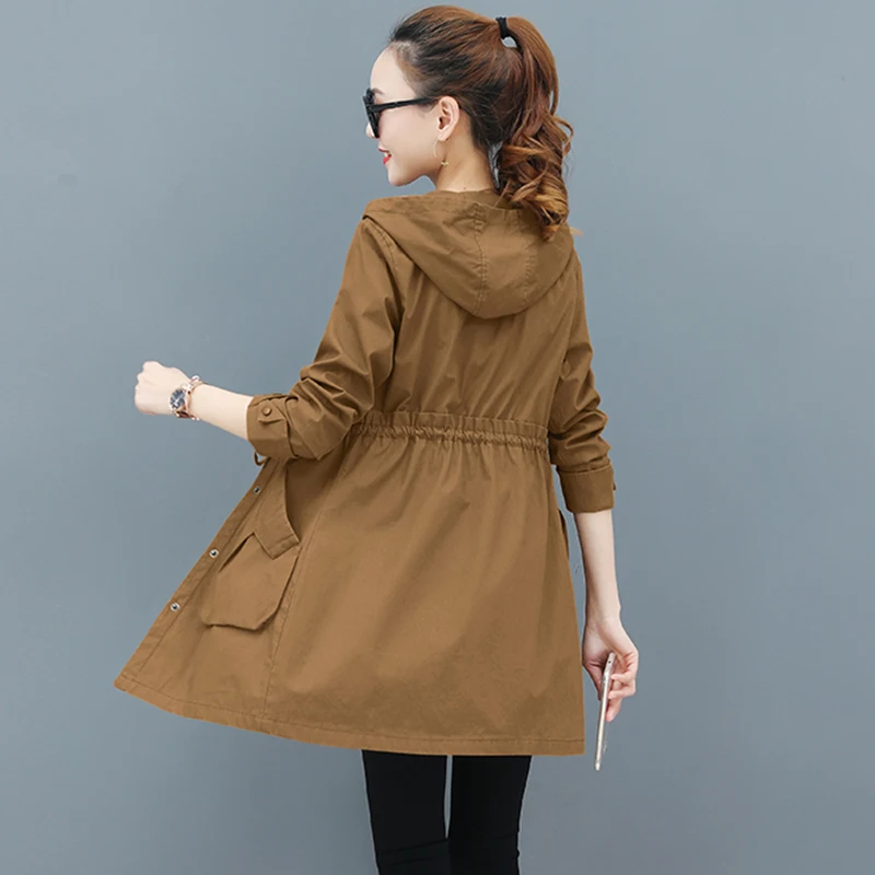 Spring Autumn Trench Coat Women Full Sleeve Thin Overcoat Medium Long Windbreaker Female New Temperament Hooded Clothing