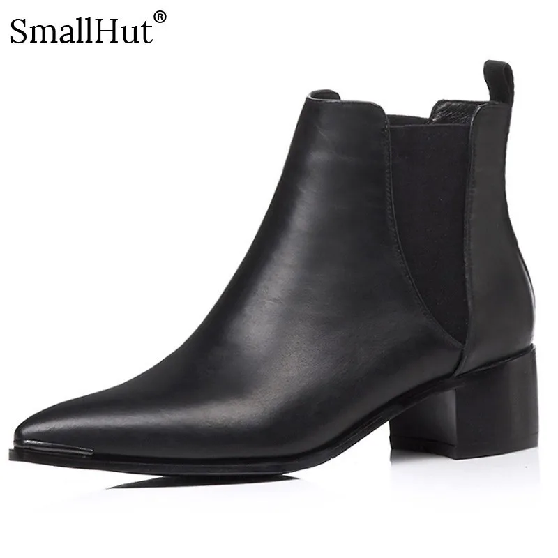 

Cow Leather Mid Heel Ankle Boots Women Autumn Ladies Fashion Square Heels D087 Elegant Woman Black Pointed Toe Short Boots Shoes