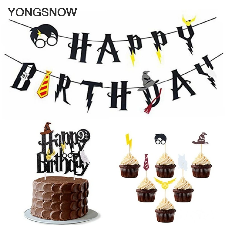 

Harry Potter Banner Happy Birthday Cake Topper Baby Shower Kids Birthday Party Decoration Hanging Garland Bunting Party Favors