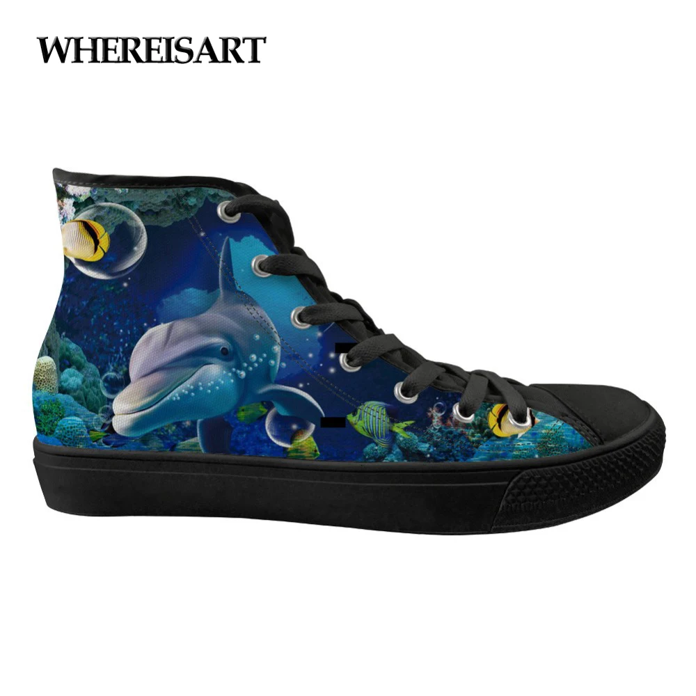 

WHEREISART 3D Blue Sea Animal Dolphin Prints Flats Sneakers Women Casual High Top Canvas Vulcanized Shoes for Teen Girls Female