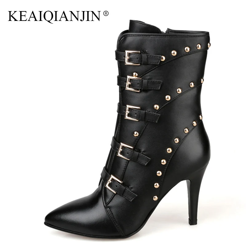 

KEAIQIANJIN Woman Black Ankle Boots Autumn Winter Punk Rivet Boots Plus Size 33 - 40 Shoes Genuine Leather Martens Boots 2017