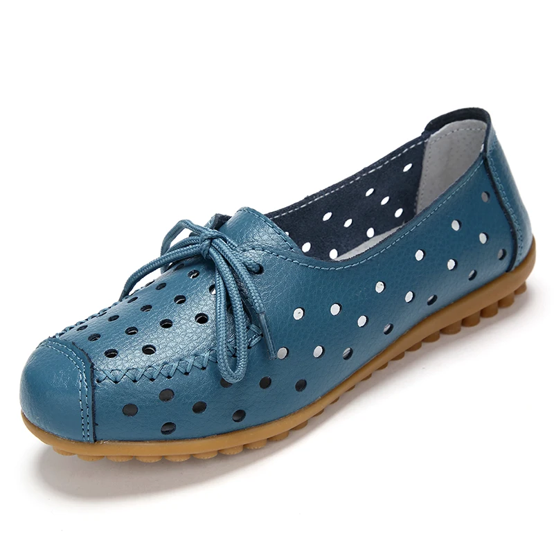 

Summer Lace Up Lady Flat Shoes Fashion Shallow Mouth Breathable Shoes Casual Women Leather Shoes Breathable Hollow Women Flats