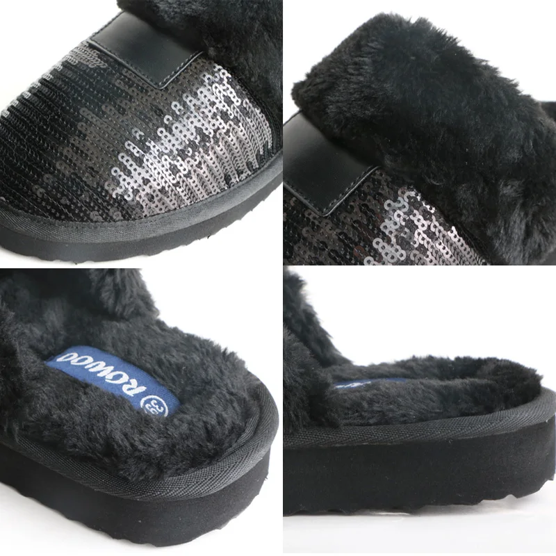 New Winter Black Sequined Women Slippers Fur Warm Plush Female Slides Indoor EVA Flat Slides Home Flip Winter Shoes Slip-on