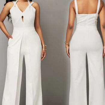 

Elegant Bodycon Bodysuit Women White V-Neck Lace Up Sexy Jumpsuit Solid Loose One Piece Romper Overalls Party Playsuit Female