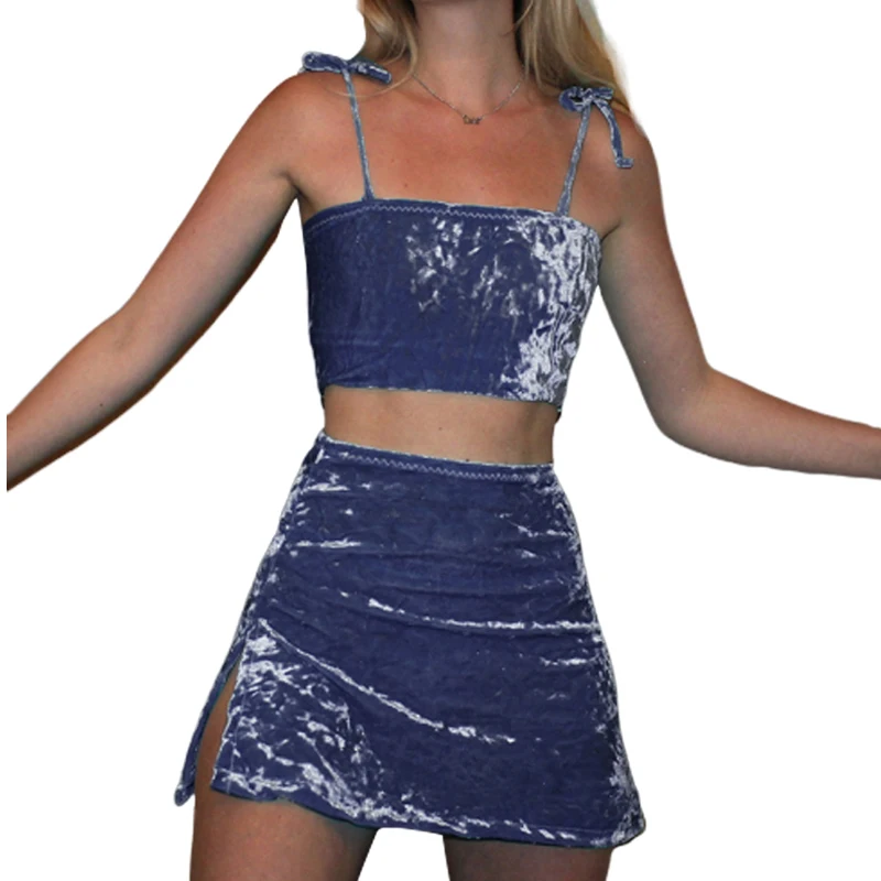 Бандажный укороченный топ с разрезом сбоку мини-юбка бархатный Спагетти ремень женский комплект из двух предметов модные спортивные костюмы Летняя одежда GV421 - Цвет: Blue