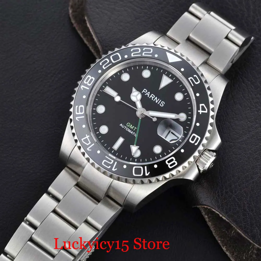 

PARNIS 40mm Black Dial Green GMT Hand Date Function Stainless Steel Bracelet Luminous Marks