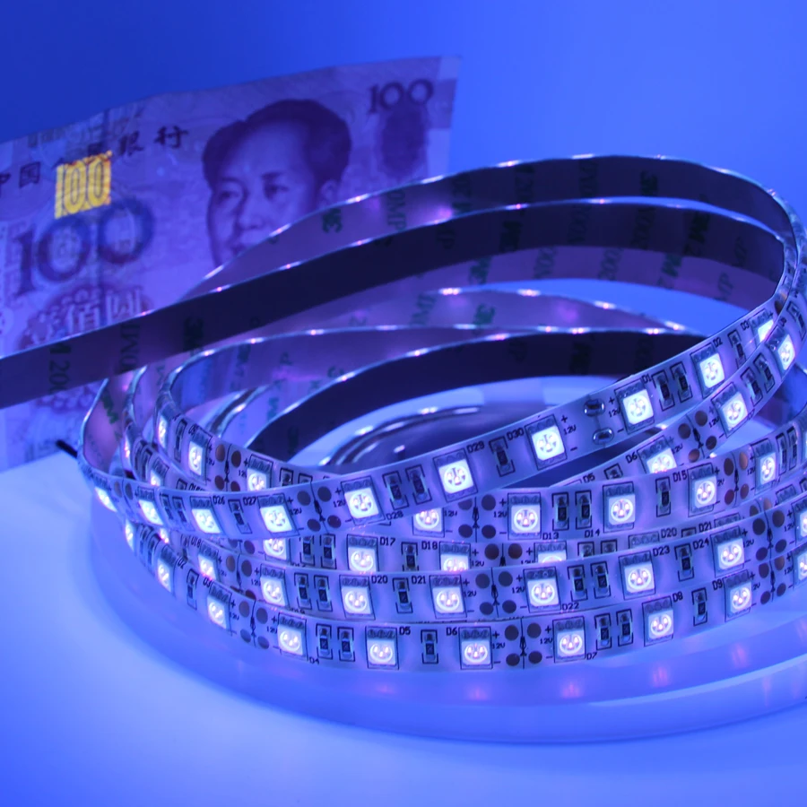 5m UV Led Strip light 5050 60leds/m 395-405nm Ultraviolet Ray waterproof LED Diode Ribbon Purple Flexible lamp+ power adapter