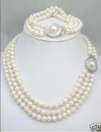 

Hot selling free shipping***** 3Rows 8-9mm Akoya White Mother Pearl Necklace Bracelet set Mabe Clasp