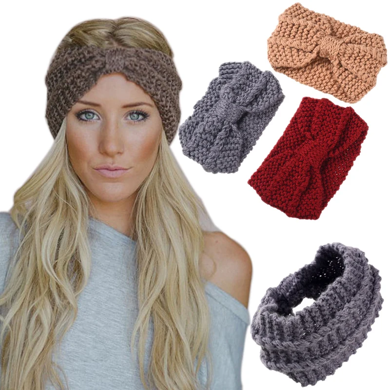 

Winter Women Soft Knitted Fabric Headband Female Wool Bow Thick Warm Turban Crochet Wide Wrap Stretch Headdress Hair Accessories