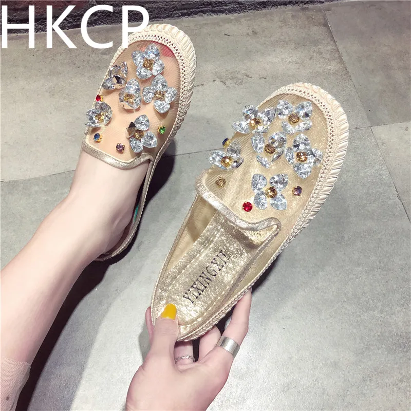 

HKCP 2019 summer water drill mesh breathable round head flat bottom female drag leisure comfortable loafers outside wear C278