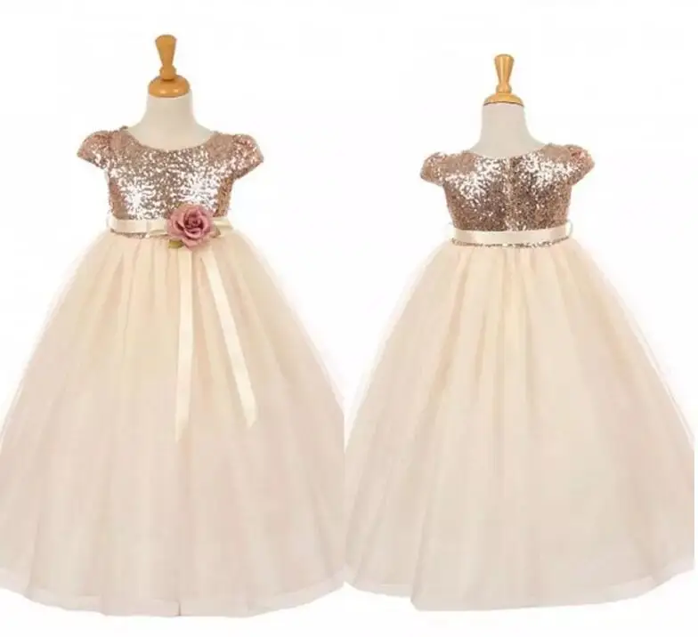 

Real Image Rose Champagne Flower Girl Dresses for Weddings Jewel Sequins Cap Sleeve Communion Party Dresses for Girls
