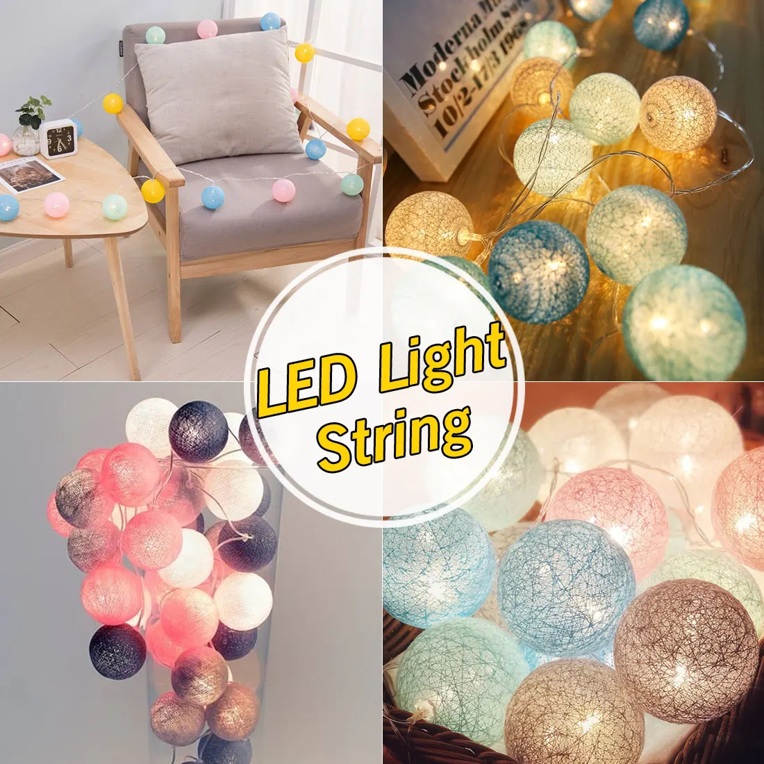 3M 20 LED Cotton Ball String Light Colorful Decorative Christmas Fairy Lamp Plug in/Battery Box