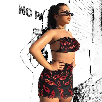

Yewa Kawaii Mini Skirt 2019 Summer Women's Sexy Flame Print Mesh Skirt Bodycon Fashion High Waist Skirt Short