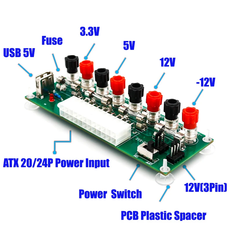 

Electric Circuit 24Pins ATX Benchtop Computer Power Supply Breakout board module DC plug connector with USB 5V Port