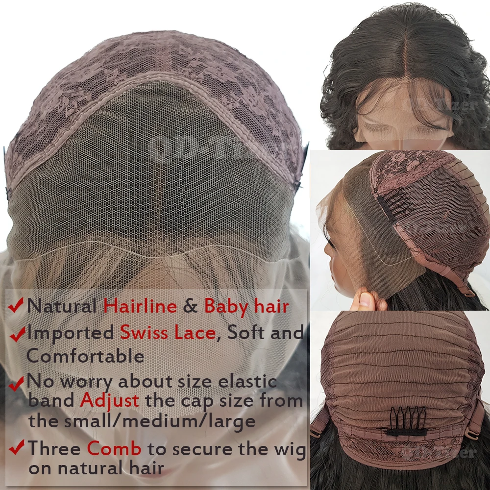 QD-Tizer Long Body Wave Synthetic Lace Wig Glueless Brown Color Free Part Heat Resistant Synthetic Lace Front Wig for Women
