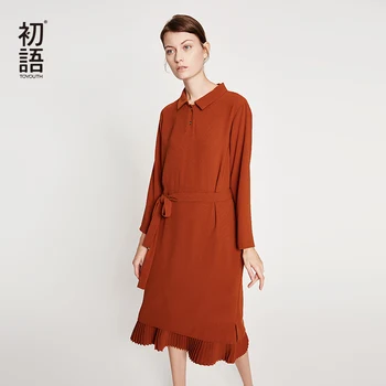 

Toyouth Turn-Down Collar Long Sleeve Women Dress 2019 Autumn Patchwork Pleated Midi Dresses Casual Solid Bandage Cotton Vestidos