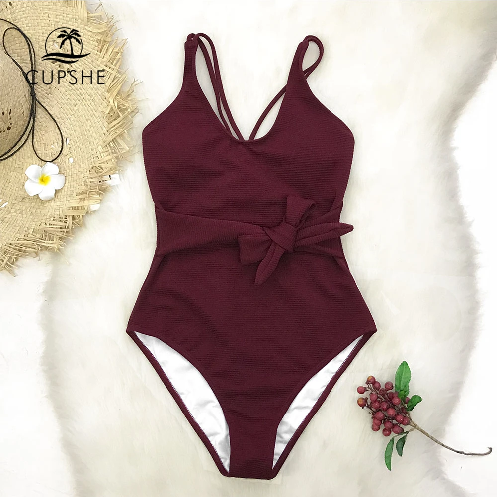 Preise CUPSHE Burgund Bowknot Einteiliges Badeanzug Frauen Quer Feste Monokini Badeanzüge 2020 Mädchen Sexy Bademode