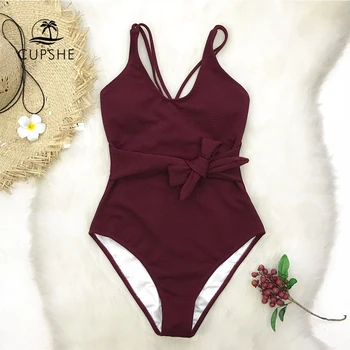 

CUPSHE Burgundy Bowknot One-Piece Swimsuit Women Cross Solid Monokini Bathing Suits 2020 Girl Sexy Swimwear