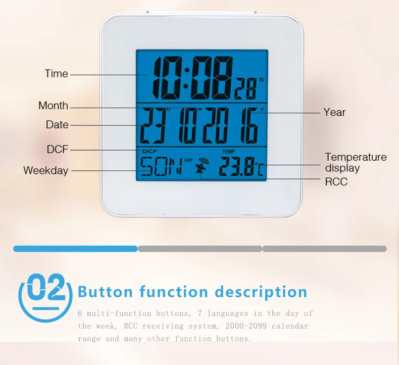 DYKIE Глобальный Радиоуправляемый будильник с комнатным термометром время Повтор опционально язык цифровые метеостанции