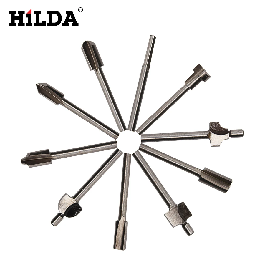 

HILDA 10pcs 3mm 1/8" HSS Wood Router Bits Files Titanium Coated Mini Wood Cutter Milling For Dremel Rotary Set Carpenter Tool