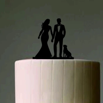 

Bride and Groom Wedding Cake Topper with a dog, Unique And Funny, Mr And Mrs Holding Hands Wedding Cake Topper, Anniversary gift