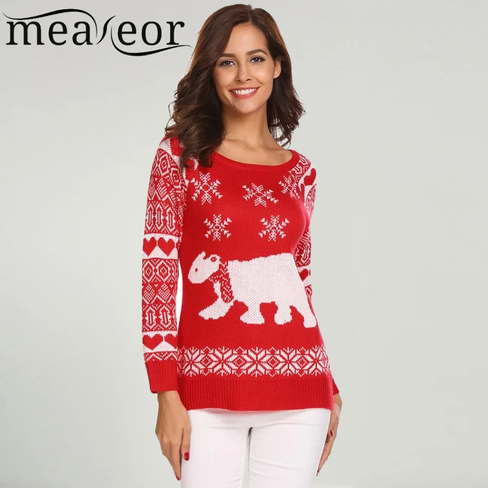 Meaneor Women Christmas Sweater Casual O Neck Long Sleeve