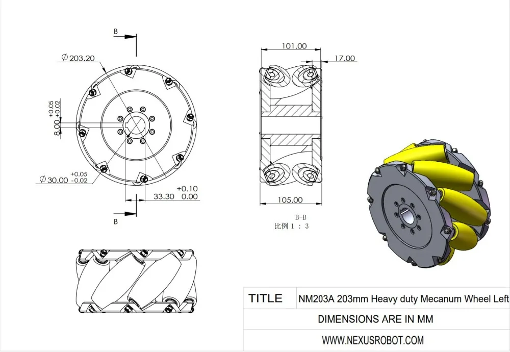 Набор колес mecanum 8 дюймов (203 мм) с полиуретановым роликом (нагрузка 500 кг) NM203A|set of|set