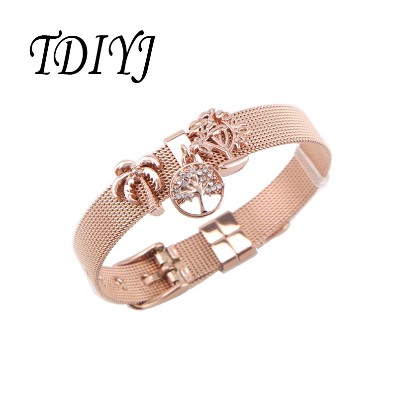 

TDIYJ Femme Rose Gold Slide Mesh Armband Set with Family Tree Life Coconut Keeper Charms Bracelet Jewelry For Women Gift 1set