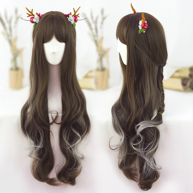 

New!! 70cm Women 's long curls gradient stained fish bone braids Lolita soft sister Harajuku wind daily cos wig+ cap No Headwear