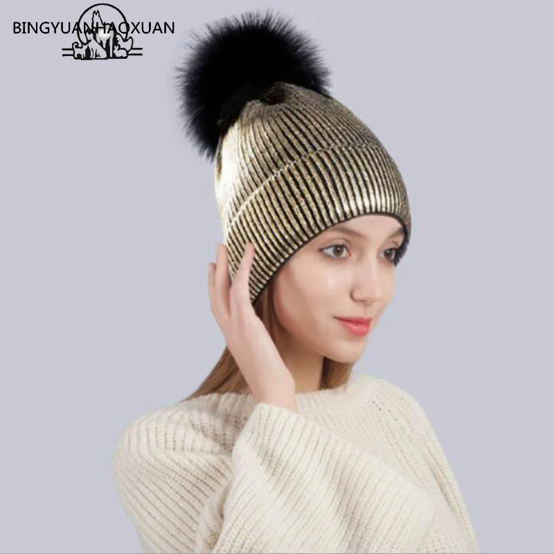 

BINGYUANHAOXUAN Fashion Women Tanning Silver Knitted Winter Hats Warm Double Layer Caps Raccoon Fur Pompon Female Hat Bonnets